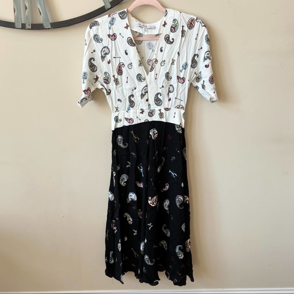 & Other Stories Paisley Print Colorblock Midi Dress Size 4 Cream Black 14491